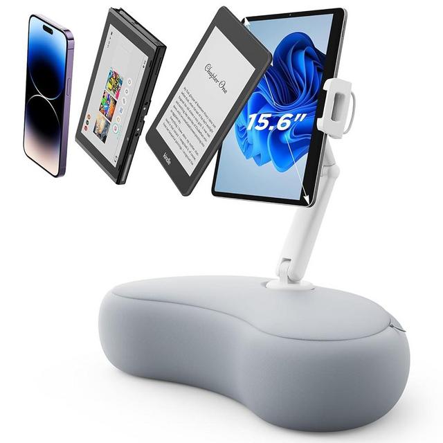 SAIJI Tablet Stand Pillow, 360° Adjustable Tablet Holder for Bed with Flexible Dual Axis Arm, Phone Holder for iPhone 15, 15Pro, iPad, Kindle, Portable Monitor and All 4.7" - 15.6" Devices (Gray)
