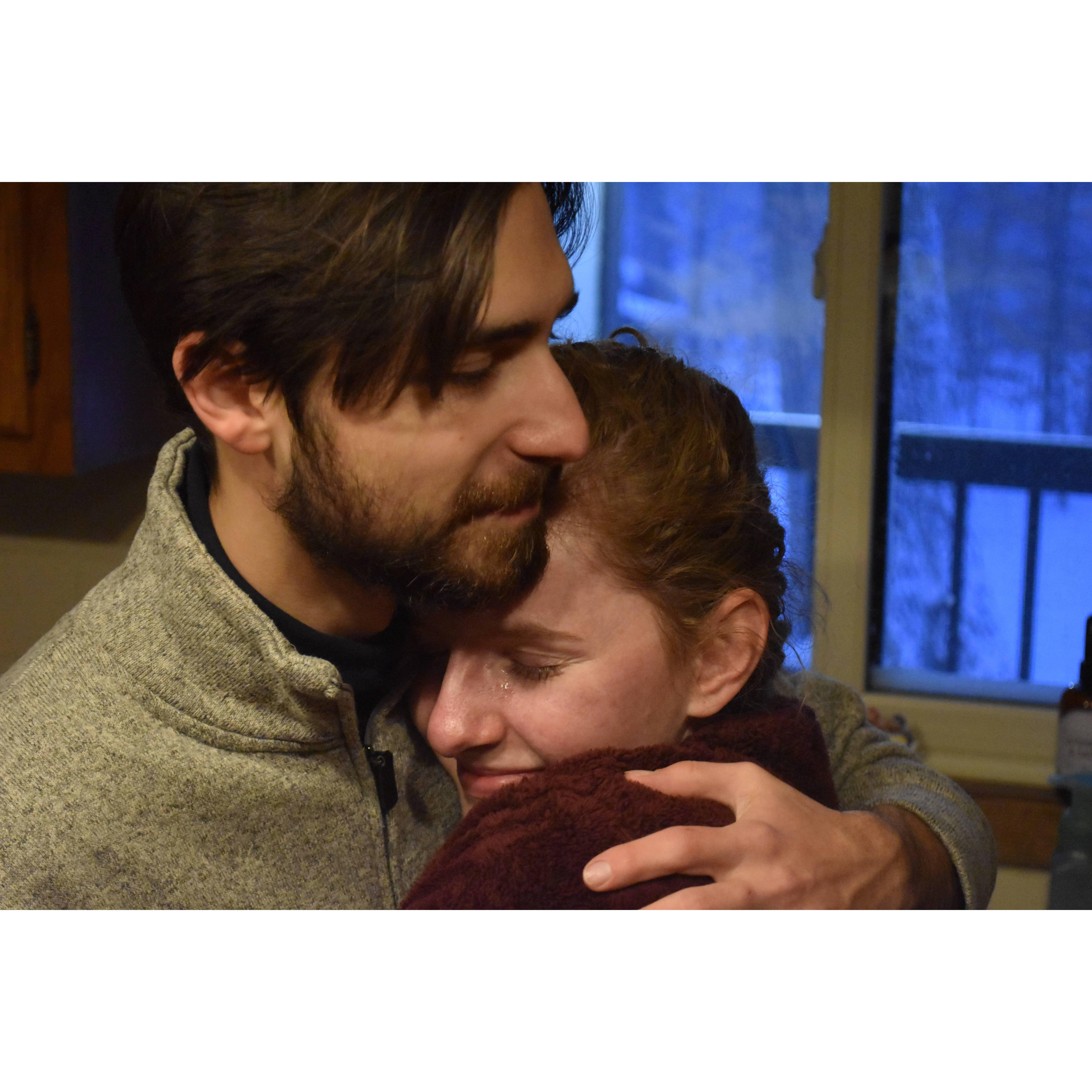 A very happy hug after getting engaged.