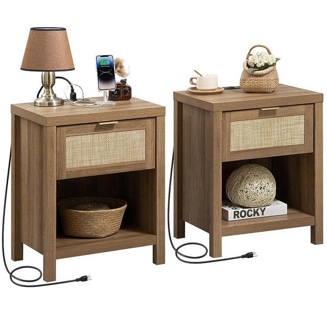 SICOTAS Rattan Nightstand Set of 2, Farmhouse Night Stands with Charging Station Bedside Table with Drawer, Boho End Table with USB and Type-C Ports for Bedroom Living Room, Oak Wood