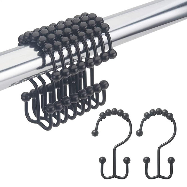 Amazer Shower Curtain Hooks Rings, Rust-Resistant Metal Double Glide Shower Hooks for Bathroom Shower, Set of 12 Matte Black Rings