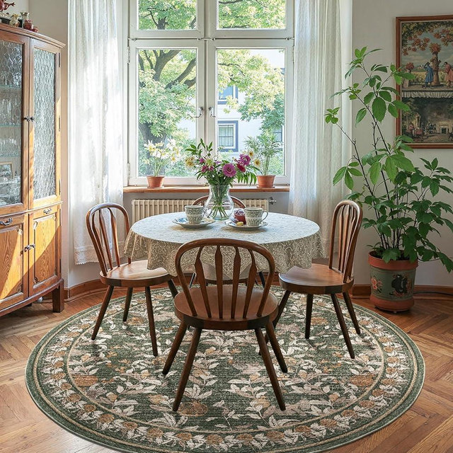 jinchan Floral Round Rug 7ft Area Rug Washable Vintage Summer Soft Non-Slip Distressed Orange Green 7' Circle Carpet Low Pile Accent Rug for Living Room Dining Room Bedroom Home Office