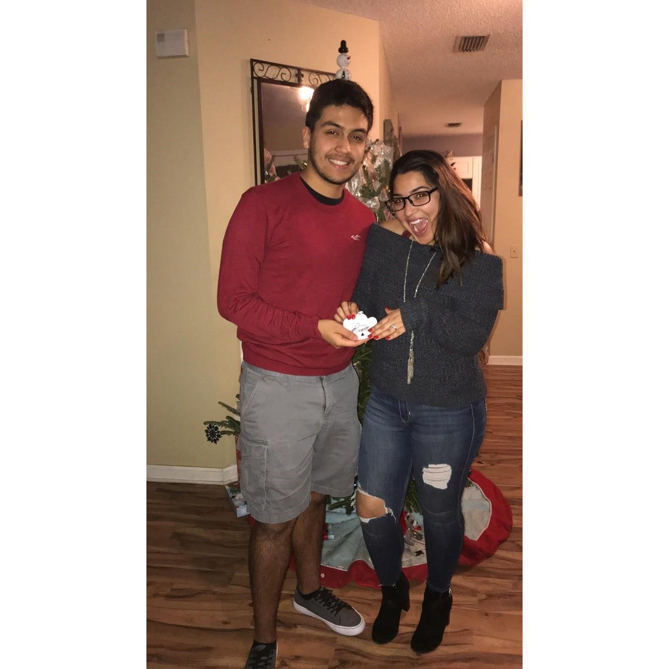 On our first Christmas as an engaged couple Kayleah's parents bought us a Christmas ornament with our names and the date of our engagement engraved on it