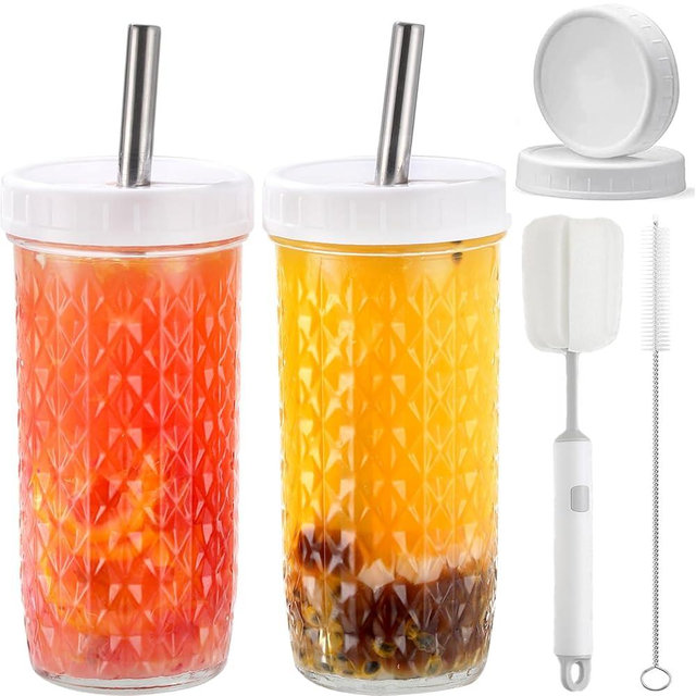 ASANMEYO 2 Pcs 24oz Glass Cups Set, Mason Jar Drinking Glasses with Lids and Straws & 2 Airtight Lids, Cute Reusable Smoothie cups, Iced Coffee Cups, Travel Tumbler for Bubble Tea, Juice, Gift