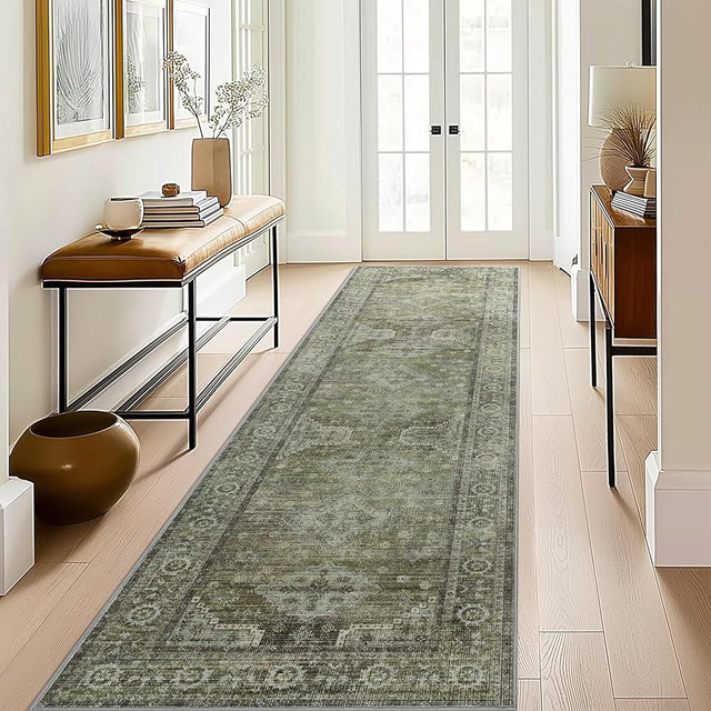 BEIMO Runner Rug 2x10 for Hallway Living Room Bedroom, Machine Washable Rug, Print Vintage Tribal Aesthetic Carpet, Low Pile Thin Mat with Non Slip Rubber Backing, Distressed Sage