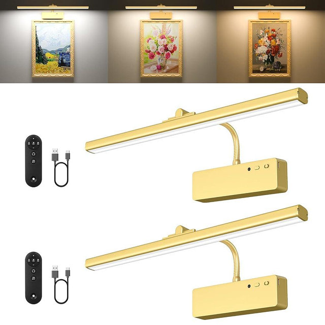 Picture Light, 15.35inch Wireless Picture Lights for Wall Rechargeable, 5400mAh Battery Wall Light with Remote, 3 Color Art Lighting for Paintings with Timer and Dimmable Artwork Display (Gold-2PCS)