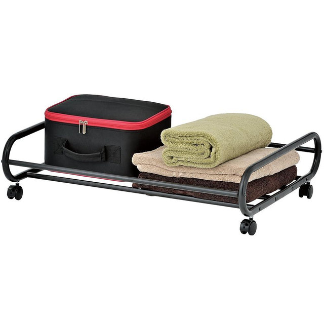 MyGift 24 Inch Underbed Storage Cart, Rolling Stainless Steel Black Metal Space Saving Organizer Rotating Wheels, Dorm Under Bed Storage Compartment