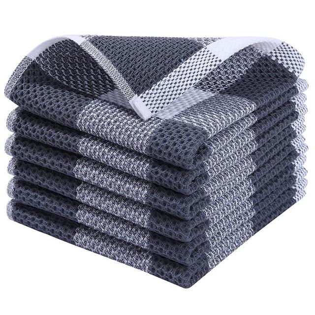 Homaxy 100% Cotton Waffle Weave Check Plaid Dish Cloths, 12 x 12 Inches, Super Soft and Absorbent Dish Towels Quick Drying Dish Rags, 6-Pack, White & Dark Grey