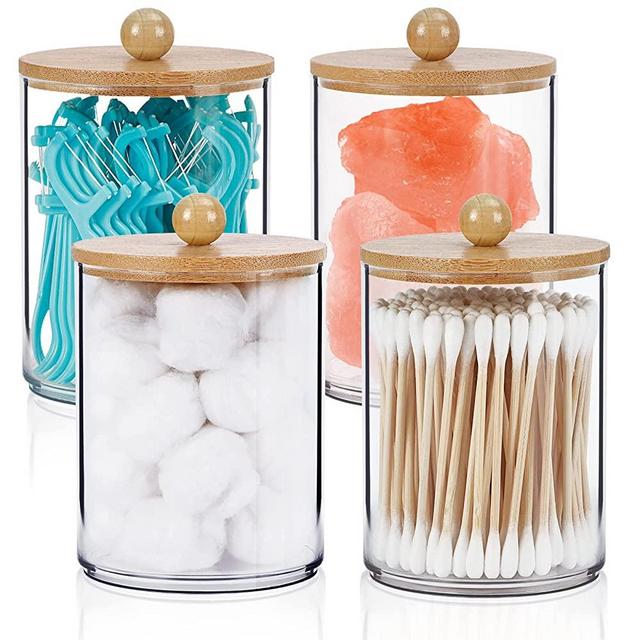 SGHUO 4Pack High Acrylic Qtip Holder Dispenser with Bamboo Lids, Bathroom Organizer Accessories for Cotton Ball, Swab, Round Pads, Dental Floss Sticks Holder, Makeup Organizer with 4 Labels
