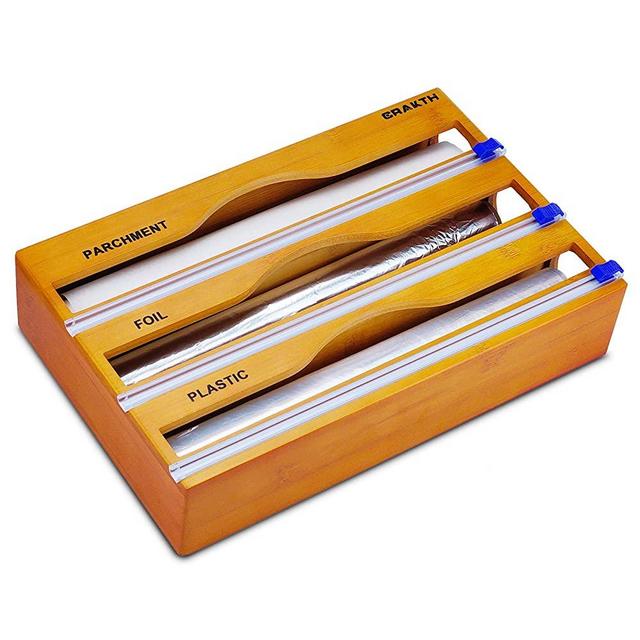 CRAKTH Bamboo Plastic Wrap Dispenser with Slide Cutter, 3-in-1 Storage Dispenser for Aluminum Foil & Cling Film & Parchment Paper