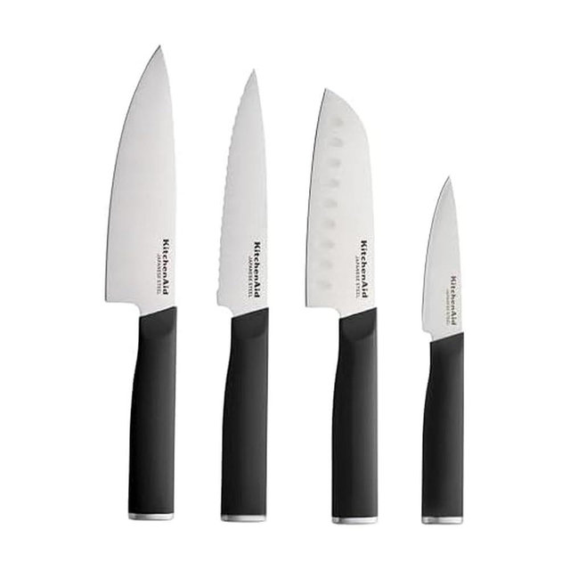 KitchenAid Chef Set with Custom Fit Covers, Sharp Kitchen Knife, High-Carbon Japanese Stainless Steel Blade, 4 Piece, Black