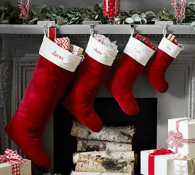 Basic Velvet Stockings - Red with Ivory Cuff Monogrammed Large