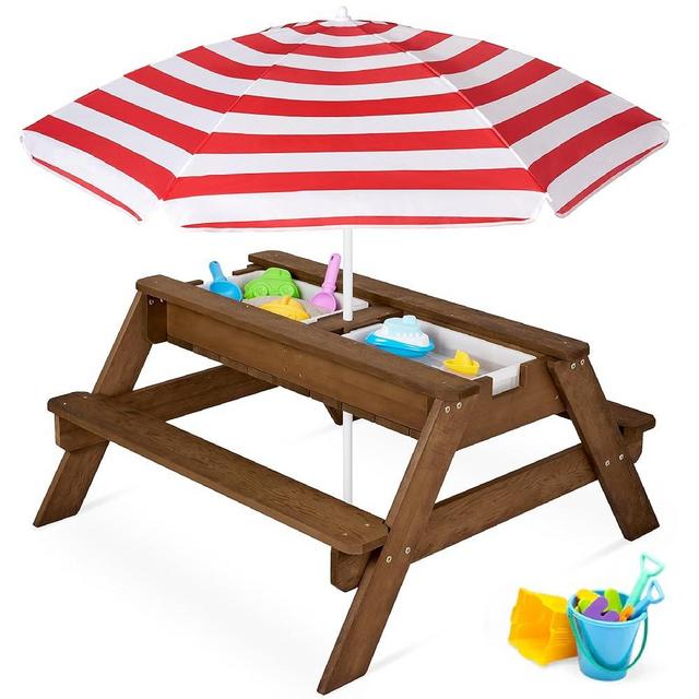 Best Choice Products Kids 3-in-1 Sand & Water Table, Wood Outdoor Convertible Picnic Table w/Umbrella, 2 Trays, Removable Top - Walnut/Red