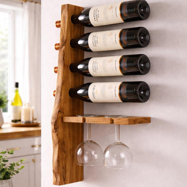 USA Made Small Vertical Wine Rack – Wall Mounted Bottle & Glass Organizer – Solid Wood Kitchen Bar Storage – Housewarming Gift