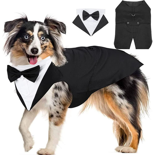 Segarty Dog Tuxedo and Bandanas Suit Formal Wedding Costume, Adjustable Pet Collar with Black Bow Tie, Detachable Dogs Shirt Bandanas Set for Large Dog Prince Outfit Birthday Cosplay Attire