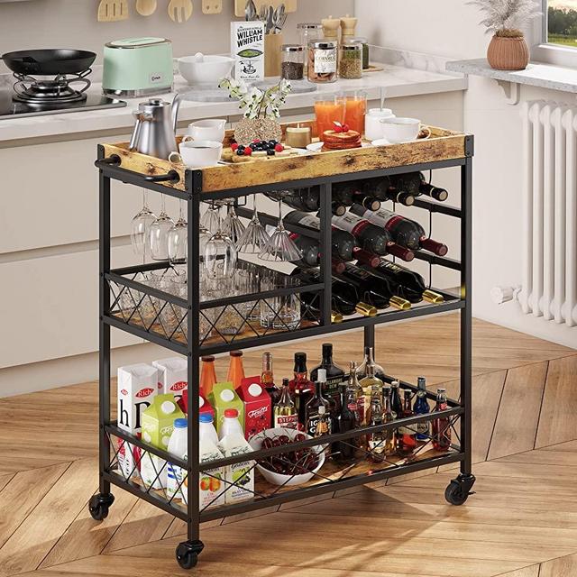 Gizoon 3 Tier 38" Home Bar Serving Cart w/ Large Storage Space, Mobile Kitchen Storage Trolley w/ Wine Rack, Glass Holder, Removable Tray,Lockable Wheels, Footpads, Heavy Duty - Retro