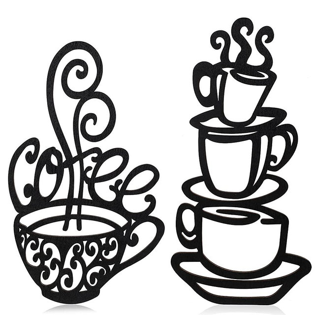 2 Pieces Coffee Cup Wall Decor Black Coffee Cup Silhouette Wood Wall Art Cafe Themed Wall Art Cup Mug Scrolled Silhouette Metal Wall Art Decor for Coffee Shop, Kitchen, Restaurant
