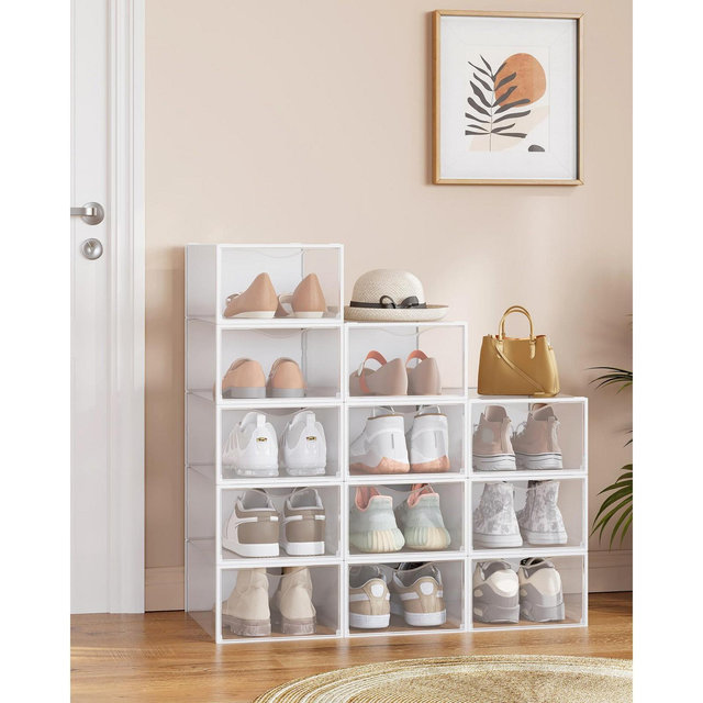 Set of 12 Stackable Plastic Shoe Boxes with Doors. Transparent & Cloud White. Easy Assembly. 9.1x13.1x5.6 Inches. Fits Shoes up to US Size 9