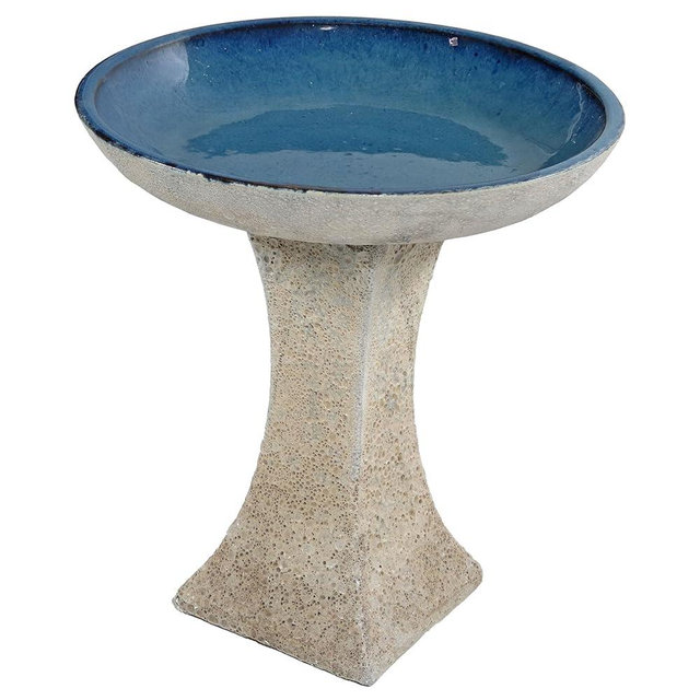 Sunnydaze Ceramic Bird Bath for Outside - 16" H - UV- and Frost-Resistant - Pedestal Bird Bath - Blue Glazed Bowl - White Lava Finish