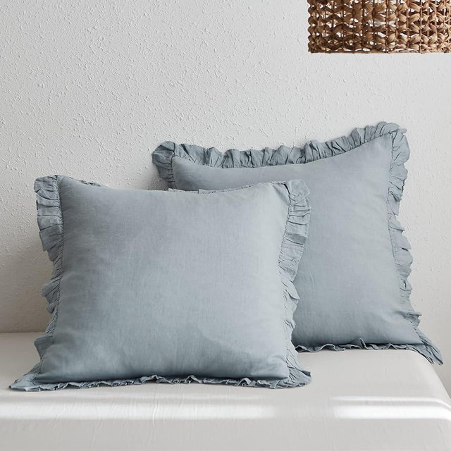 King Linens 100% French Linen Euro Shams with Ruffles - Set of 2 - Washed Solid Color Natural Flax Soft Breathable Pillow Covers - Dusty Blue, 26'' x 26''
