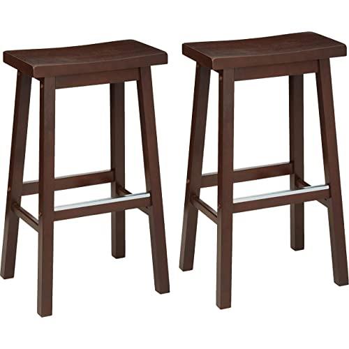 AmazonBasics Classic Solid Wood Saddle-Seat Kitchen Counter Stool with Foot Plate 29 Inch, Walnut, Set of 2