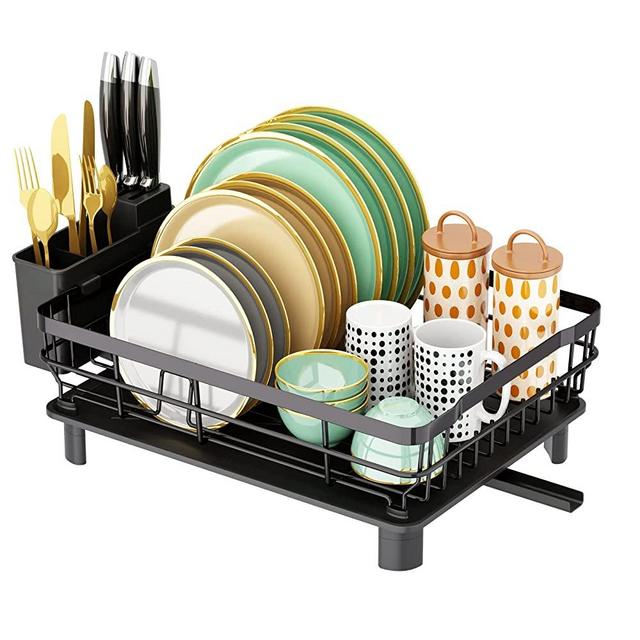 AIDERLY Dish Drying Rack with Drainboard Dish Drainers for Kitchen Counter Sink Adjustable Spout Dish Strainers with Utensil Holder and Knife Slots, Black