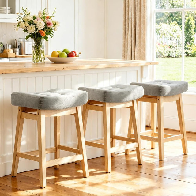 RNKSFX Counter Height Bar Stools Set of 3 for Kitchen Counter Farmhouse Modern Island Barstools with Upholstered Fabric Backless Seat and Solid Wood Legs 24 inch Bar Chairs, Grey + Light Wood Color