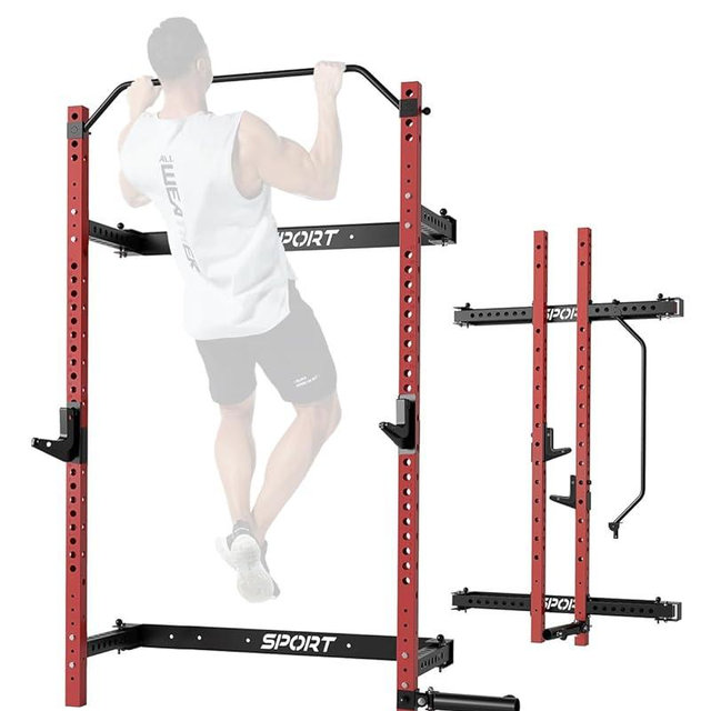 Folding Squat Rack Wall Mounted for Home Gym Garage, 1000 Pounds Capacity, 2.36" x 2.36" Power Rack with Pull Up Bar, J-Hooks and 360° Landmine