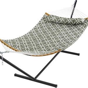 SUPERJARE Hammock with Stand, 2 Person Heavy Duty Hammock with Padded Cotton, Detachable Pillow & Strong Curved-Bar & Portable Carrying Bag, Perfect for Outdoor & Indoor, Grey with White Flower