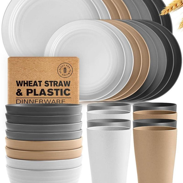 Teivio 32-Piece Kitchen Plastic Wheat Straw Dinnerware Set, Service for 8, Unbreakable Plates, Bowls and Cups Set, Farmhouse Outdoor Camping Dishes for Rustic Life/Country/Vintage, Country