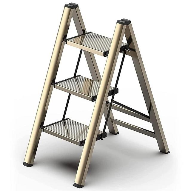 Foldable Step Ladder 3 Stepping Stool-Aluminium Kitchen Step Stools,Folding 330lbs Lightweight Ladders with Anti-Slip Wide Pedal,Portable Kids/Adults Small Ladder for Library,Closet,Golden