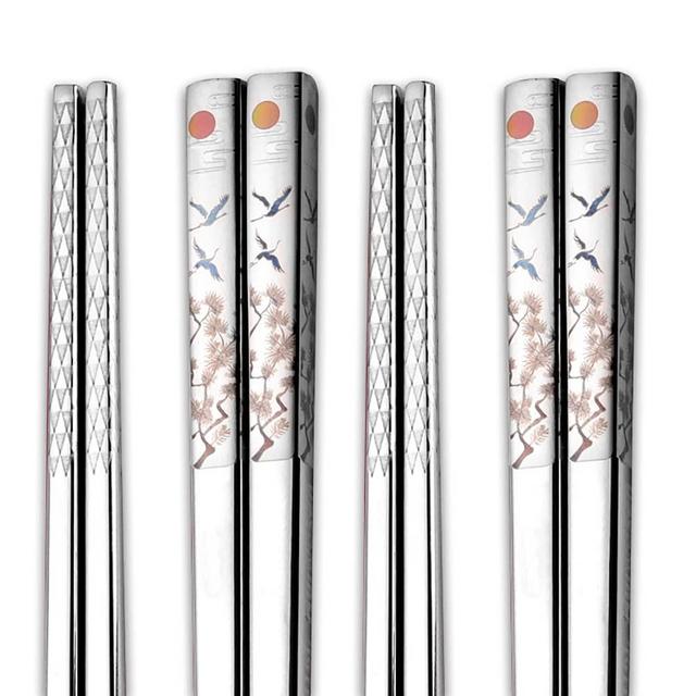 Chopsticks Reusable 316 Stainless Steel, Color Laser Engraved, Non-slip, Dishwasher Safe, Chop Sticks for Eating, Japanese Korean Chopstick, 9.8 Inch, 5 patterns to choose, 2 Pairs Gift Set (style 5)