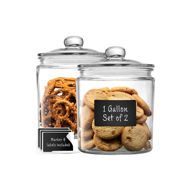 Le'raze Set of 2 Glass Cookie Jars with Airtight Lids + Labels & Marker - 1 Gallon