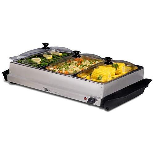 Elite Platinum EWM-6171 Triple Server Food Warmer, Adjustable Temp, Buffet Trays and Slotted Lids, 3 x 2.5 Quart, Stainless Steel