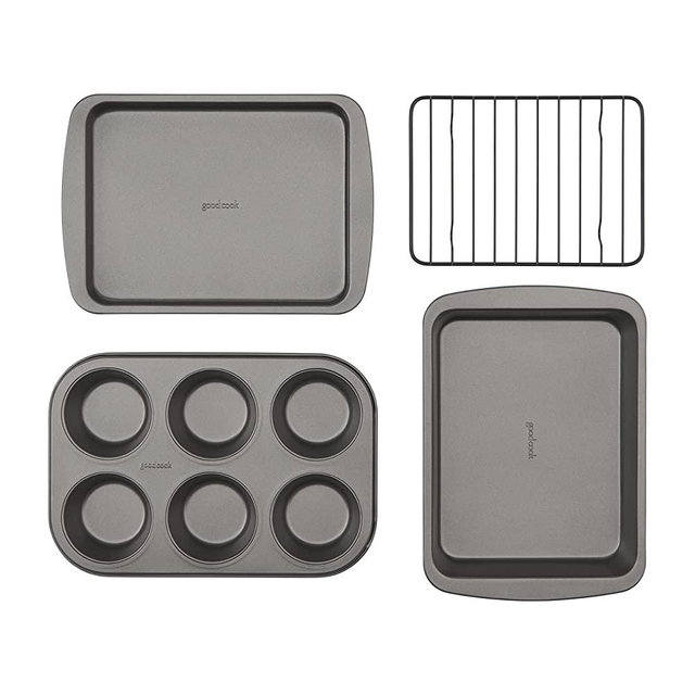 GoodCook 4-Piece Nonstick Steel Toaster Oven Set with Sheet Pan, Rack, Cake Pan, and Muffin Pan, Gray (4220)