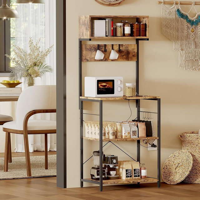 Amenitlif Baker's Rack for Kitchen with Outlet, Microwave Stand with Adjustable Shelves and 10 s Hooks, 6-Tier Coffee Bar Station with Storage, Kitchen Shelves for Spices, Pots