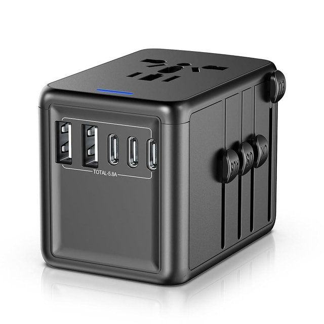 URJD Universal Travel Adapter Offers 5.8A 5x USB Ports (3 USB C) & AC Outlet, All-in-One International Power Plug Adaptor Worldwide Charger for US to Europe France Italy Spain Ireland UK AUS Asia, etc