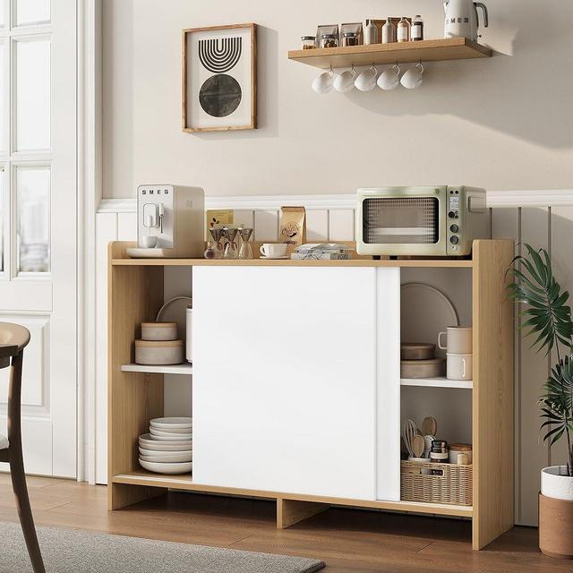 HIFIT Modern Farmhouse Sideboard Buffet Storage Cabinet, 43” Coffee Bar Cabinet with Sliding Doors & Shelf, Accent Console Cabinet for Kitchen, Dining Living Room, Hallway, Entryway, White/Oak