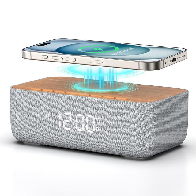 REACHER Alarm Clock Radio with Wireless Charging, Fast Magnetic Charging for Phone/iPhone, Bluetooth Speaker, FM Radio, Dimmable Digital Clock for College Dorm, Bedroom, Bedside, Desk