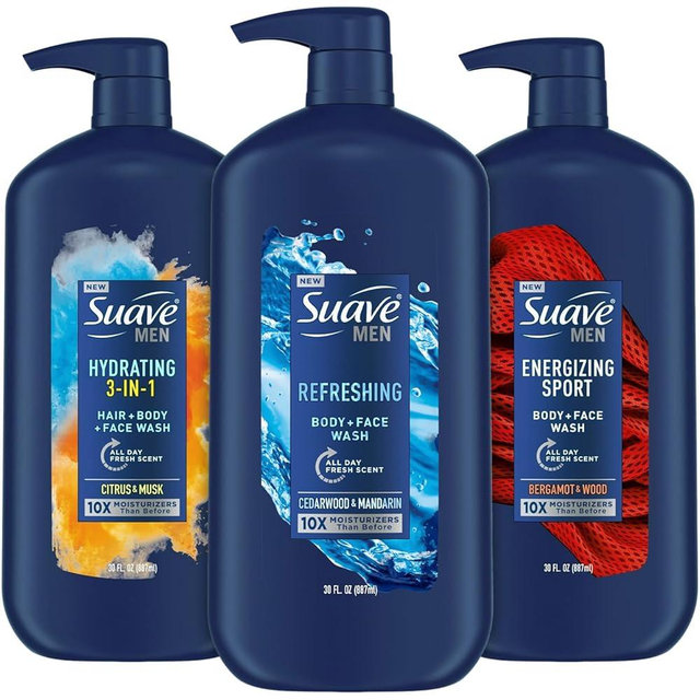 Suave Men Body & Hair Care Variety 3-Pack – Energizing Sport, Refreshing Body + Face Wash, and Hydrating 3-in-1 Hair + Body + Face Wash, 30 Oz Ea