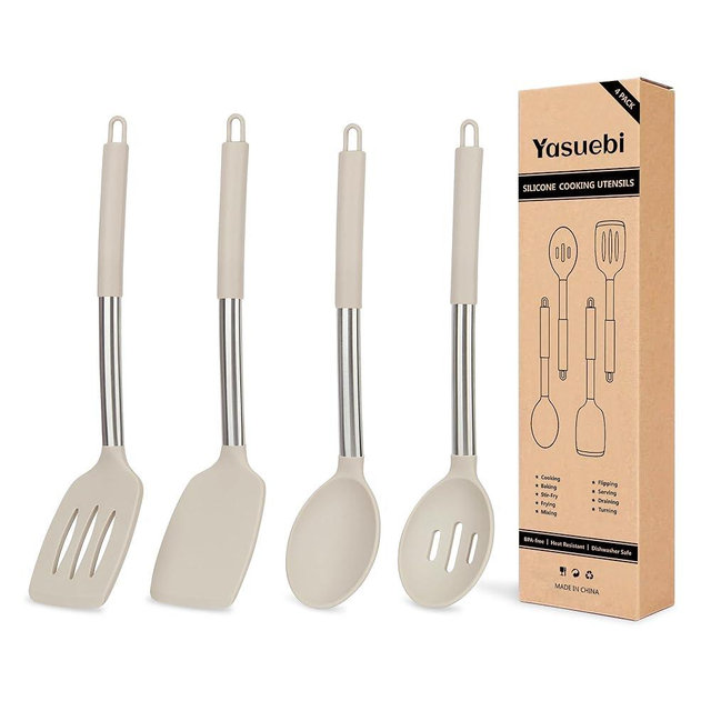 Kitchen Utensils Set of 4 Pack,Silicone Kitchen Utensils Set for Nonstick Cookware,Perfect for Baking and Mixing,Spatula Set BPA Free,Dishwasher Safe,Khaki