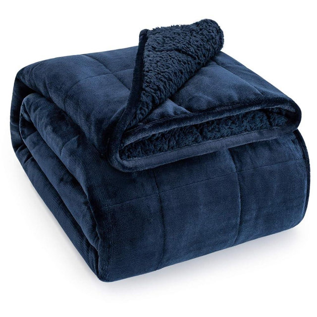Wemore Sherpa Fleece Weighted Blanket for Adult, 15 lbs Dual Sided Cozy Fluffy Heavy Blanket, Ultra Fuzzy Throw Blanket with Soft Plush Flannel Top, 60 x 80 inches Navy Blue on Both Sides