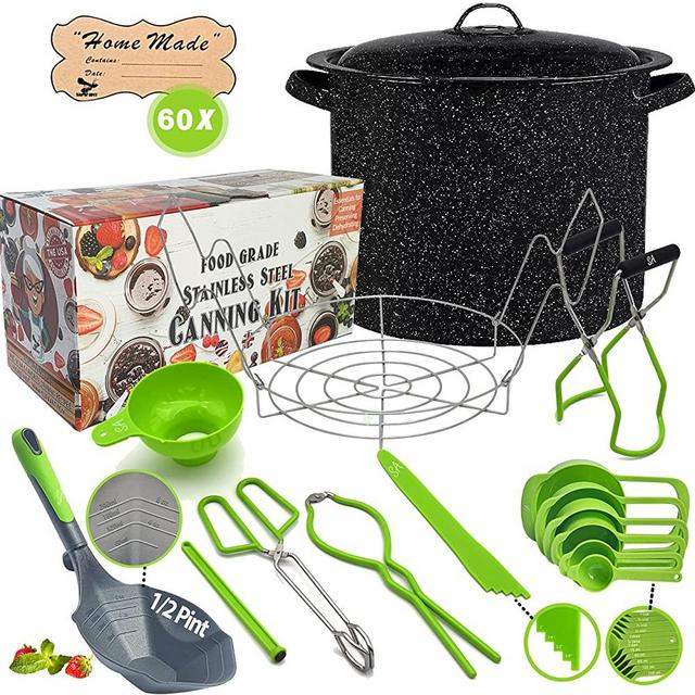 Canning Pot with Rack and full Canning Set + ½ Pint ladle + Measuring Cups - Canning Supplies - Canning Kit for Beginner, Food Grade Stainless Steel Canning Accessories - Canning Supplies Starter Kit