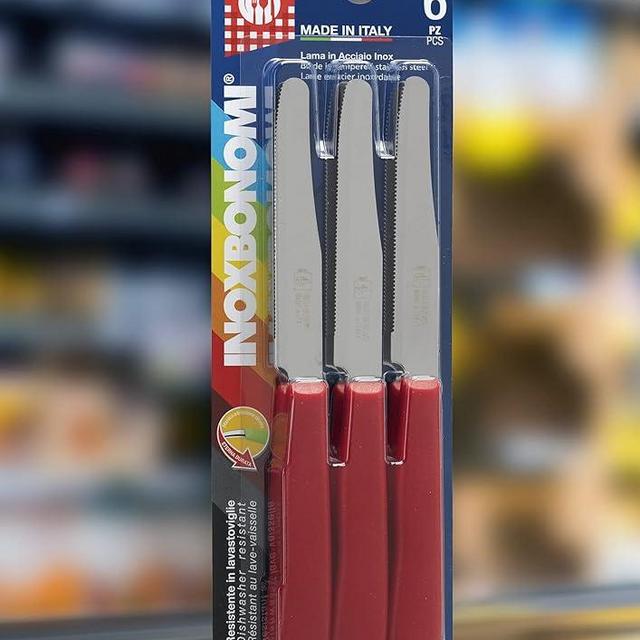 Inoxbonomi 6 kitchen Knives - 4.3"/11cm Italian Stainless Steel Serrated Vegetable/Steak/Table Knife Cutlery, Rounded Tip (Red Handle)