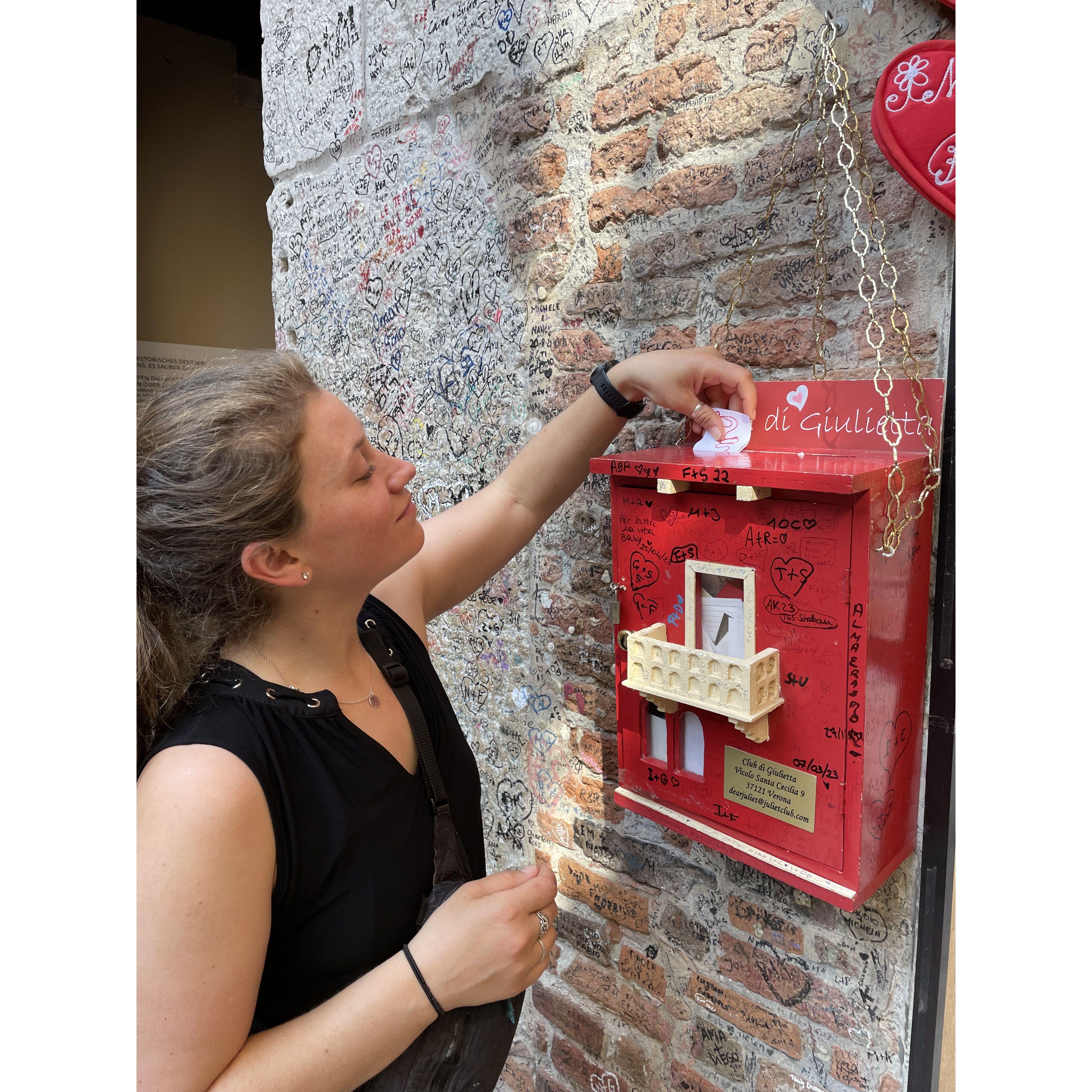 Christina in Italty before she met Kris, writing a letter to the famous "Juliette Statue" in Verona, Italy -- praying for a miracle to show up (he did).