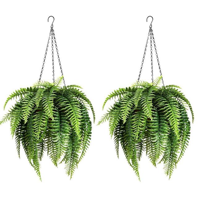 PABREY 2 Set Fake Ferns with Hanging Baskets, Realistic Fake Hanging Plants, UV Resistant Artificial Ferns Outdoor Faux Plants for Front Porch Patio Garden Home Décor, No Assembly Required