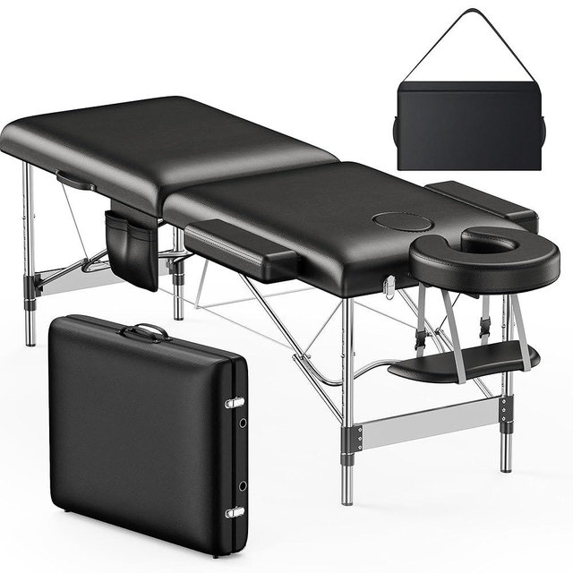 Brelley Massage Table Portable, 2-Fold Lash Bed with Side Pocket, Adjustable Height, Sturdy Aluminum Frame, Esthetician Spa Facial Bed, Tattoo Bed with Face Cradle & Carrying Bag, Black
