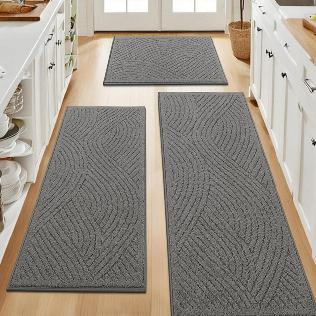 SHACOS Kitchen Rugs Sets of 3 Non Slip Washable Polypropylene Low Pile Absorbent Resist Dirt Kitchen Floor Mat 3 Piece for Entryway, Hallway, Front of Sink (17"x30"+17"x47"+17"x59", Waves Grey)