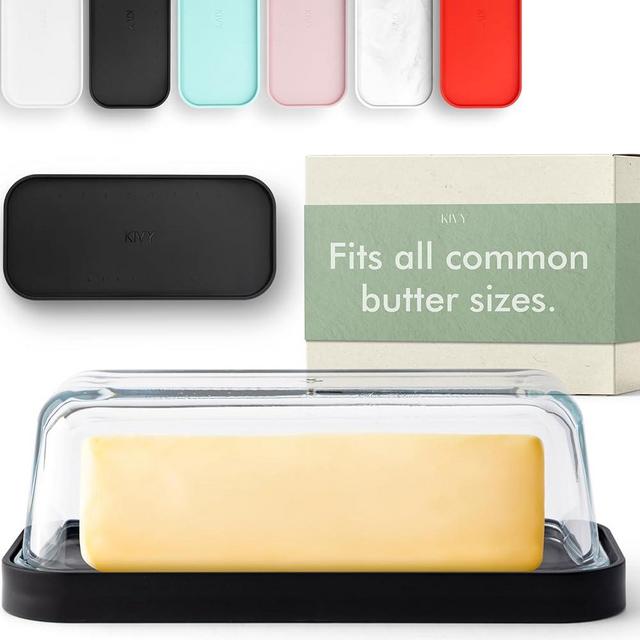 KIVY Glass butter dish with lid for countertop and refrigerator door shelf - Dishwasher safe black butter dish with lid black - Butter storage - Crystal butter dish plastic butter modern butter dish