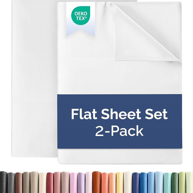 Twin XL Size Flat Sheet - Pack of 2 Top Flat Bed Sheet Only - Ultra-Soft, Comfy, Breathable & Cooling - Hotel Quality & Wrinkle Free - Easy-Care, Stain & Shrink Resistant Bedding - Oeko-Tex - White