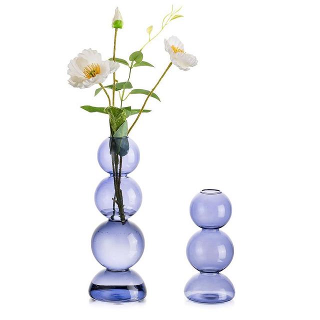 Glass Bubble Vases for Flowers, Hewory 2pcs Light Blue Unique Cute Single Flower Vase for Centerpieces, Funky Aesthetic Vase Skinny Bud Vase, Cool Groovy Decor for Living Room Bedroom Office Tabletop
